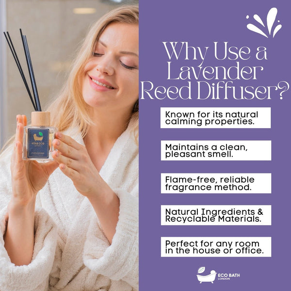 Eco Bath London Lavender Reed Diffuser - Room Fragrance Diffuser with Natural Essential Lavender Oil - Herbal Scent of Lavender - 100ml (3.38 fl.oz) - Eco Bath London