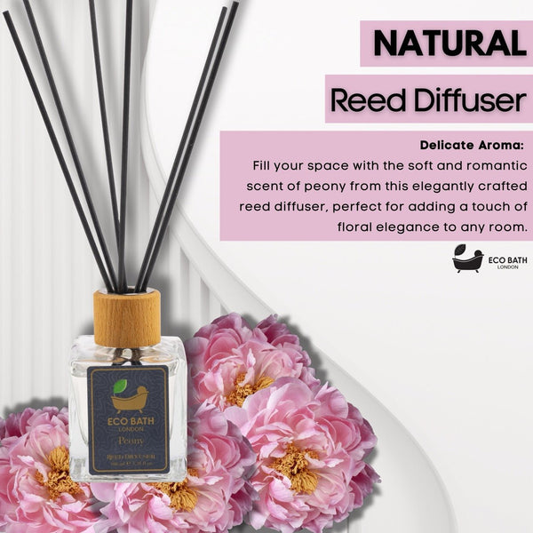 Eco Bath London Peony Reed Diffuser - Beautiful Bouquet of Peonies Fragrance Room Diffuser - Intensive - Fresh & Long Lasting Reed Diffusers for Living Room - 100ml (3.38 fl.oz) - Eco Bath London