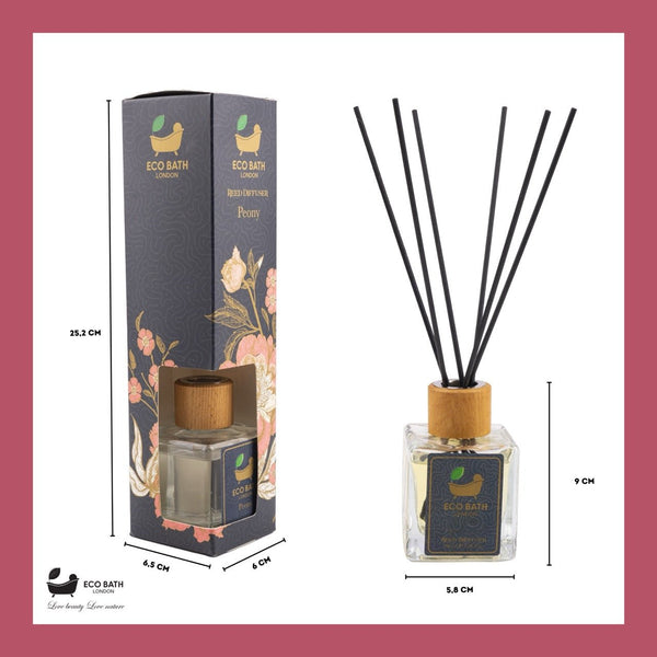 Eco Bath London Peony Reed Diffuser - Beautiful Bouquet of Peonies Fragrance Room Diffuser - Intensive - Fresh & Long Lasting Reed Diffusers for Living Room - 100ml (3.38 fl.oz) - Eco Bath London