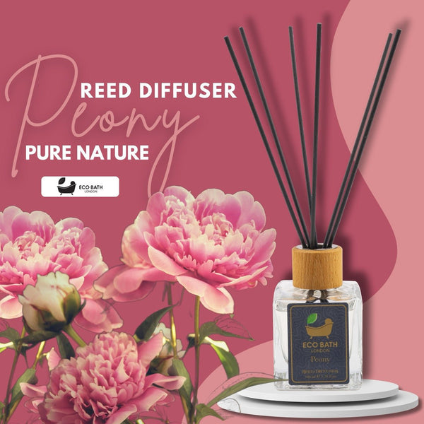 Eco Bath London Peony Reed Diffuser - Beautiful Bouquet of Peonies Fragrance Room Diffuser - Intensive - Fresh & Long Lasting Reed Diffusers for Living Room - 100ml (3.38 fl.oz) - Eco Bath London