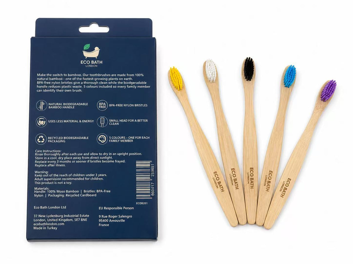 Eco Bath London Bamboo Toothbrush - 5 Pack | BPA-Free | Biodegradable Handle