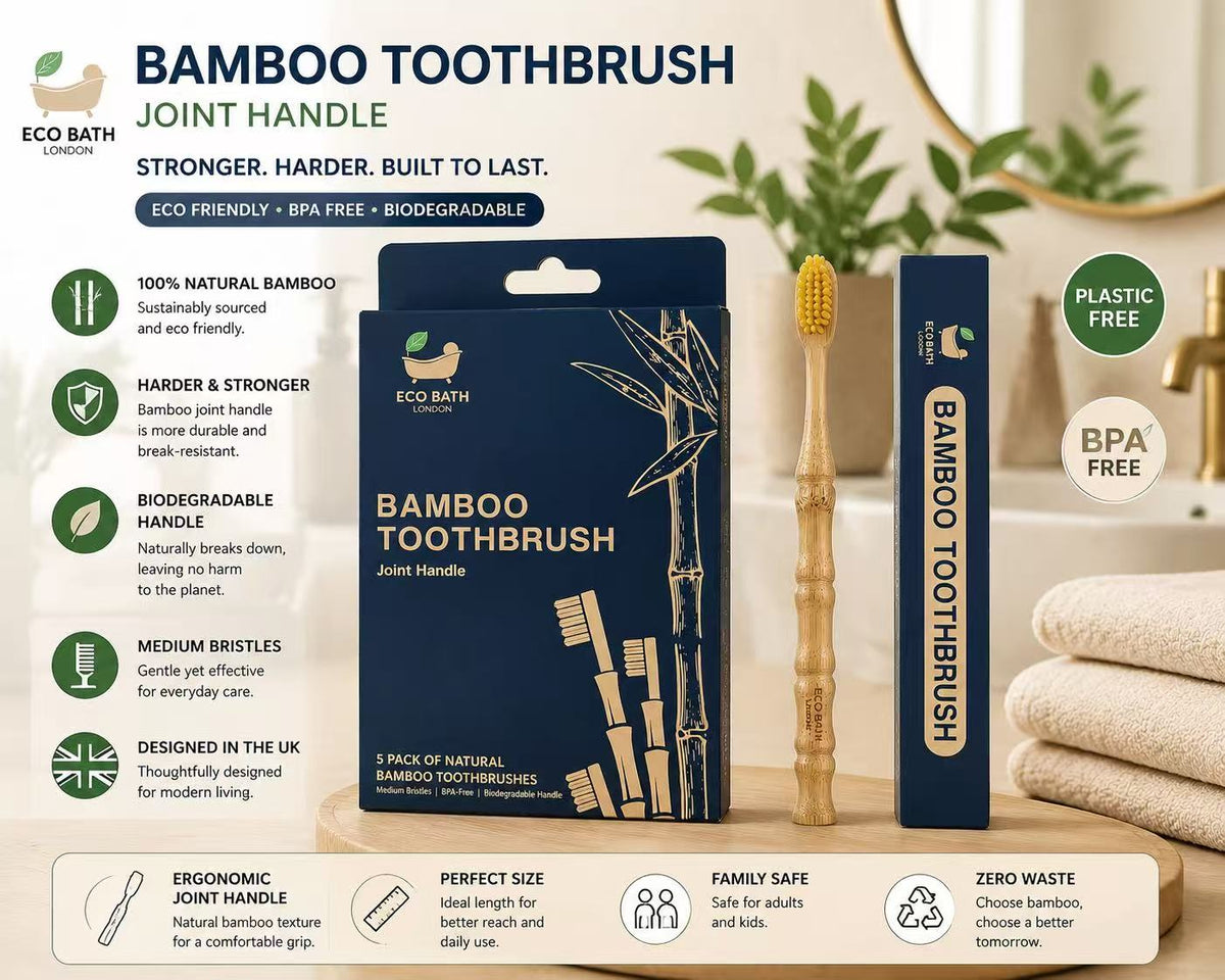 Eco Bath London Bamboo Toothbrush - 5 Pack | BPA-Free | Biodegradable Handle