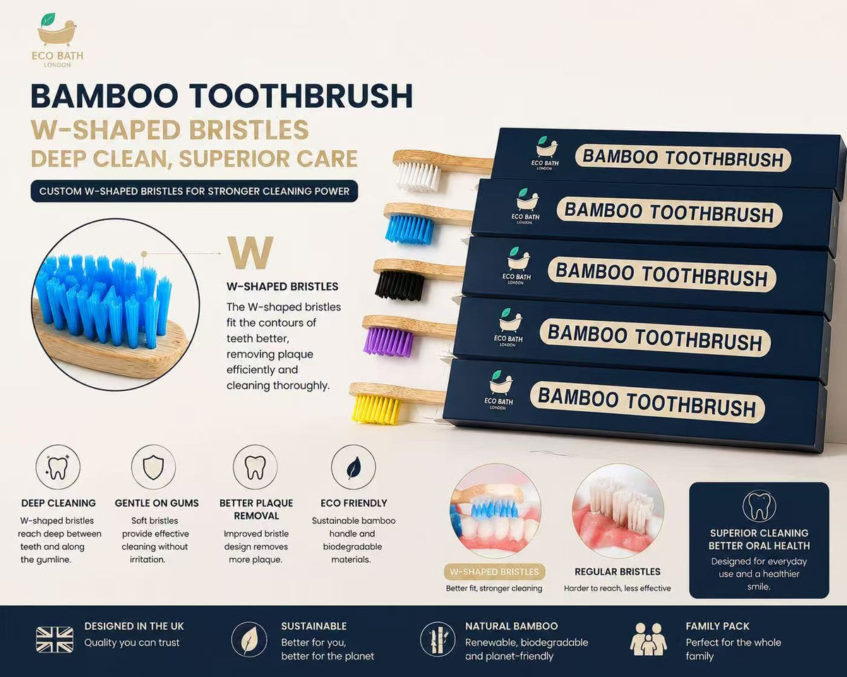 Eco Bath London Bamboo Toothbrush - 5 Pack | BPA-Free | Biodegradable Handle