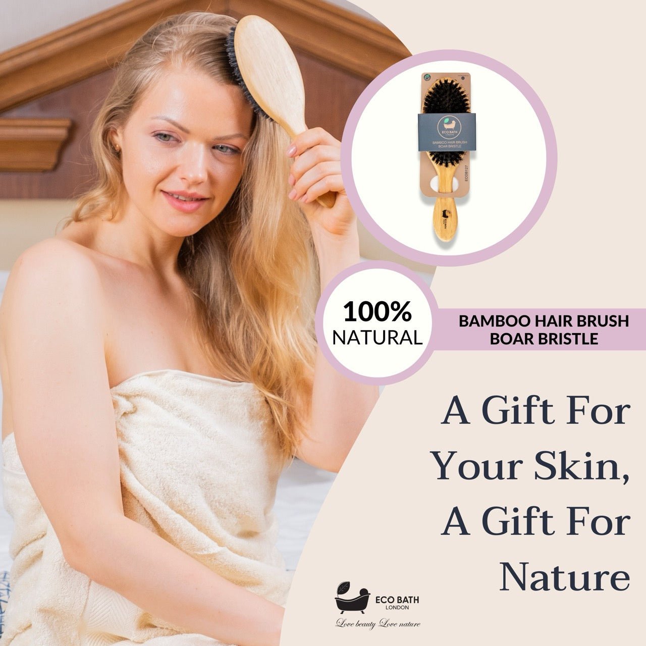 Eco Bath London Bamboo Hairbrush with Boar Bristles - Natural Sustainable Hair Care Solution - Eco Bath London