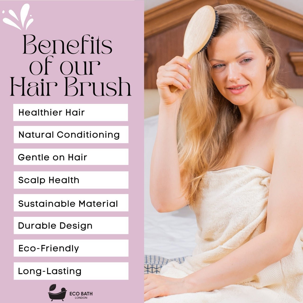 Eco Bath London Bamboo Hairbrush with Boar Bristles - Natural Sustainable Hair Care Solution - Eco Bath London