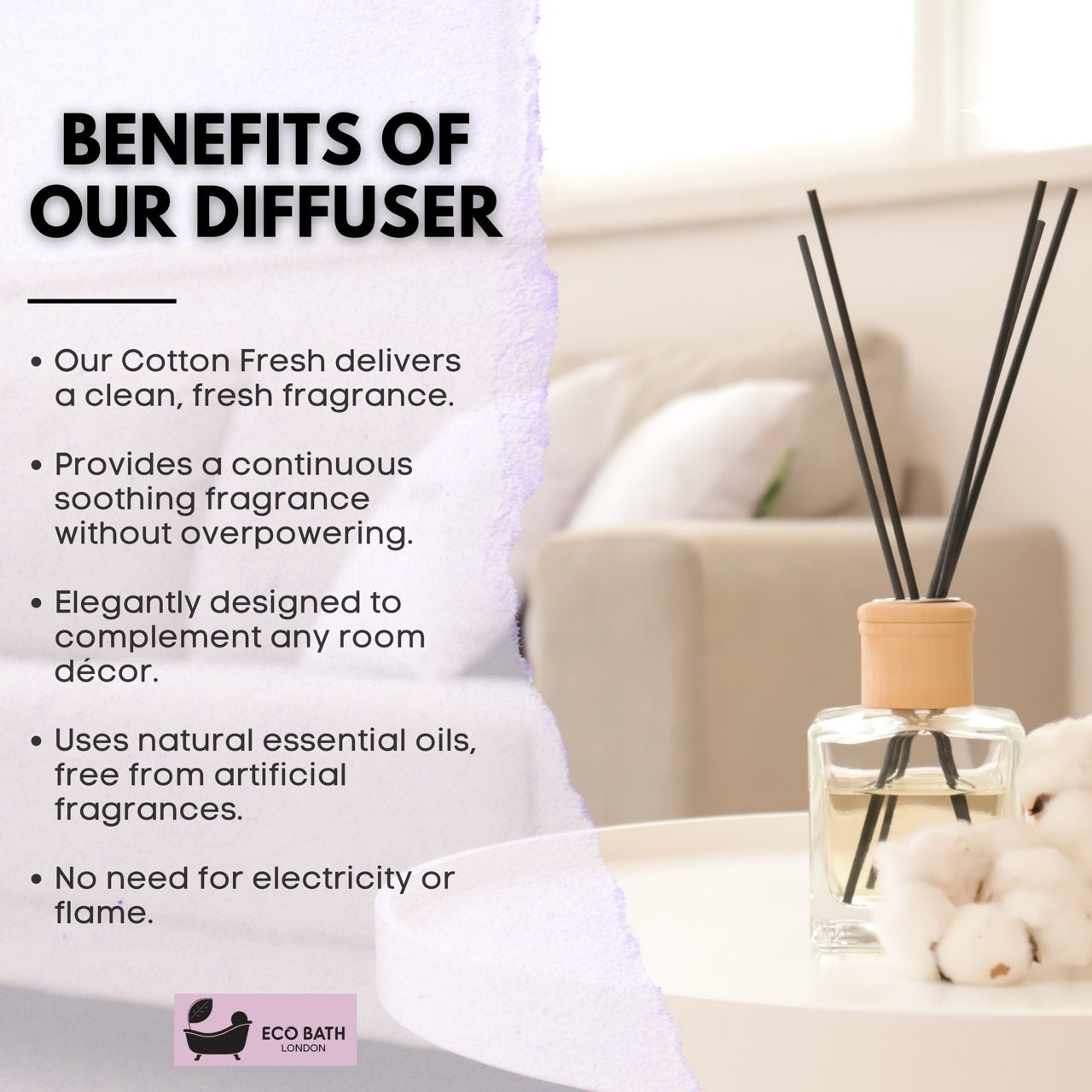 Eco Bath London Cotton Fresh Reed Diffuser - Fresh Laundry - Type Scent & Long Lasting Reed Diffusers - 100ml (3.38 fl.oz) - Eco Bath London