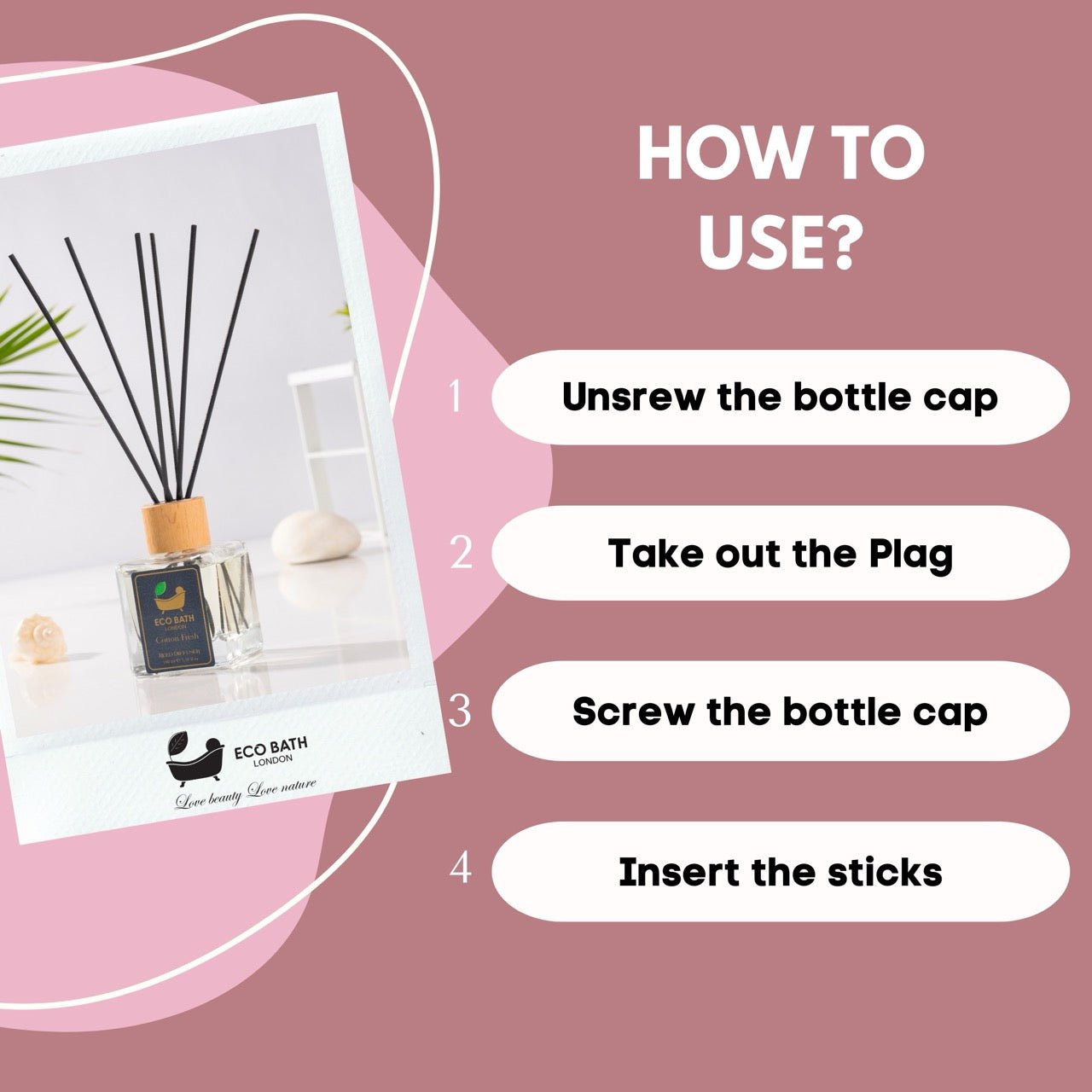 Eco Bath London Cotton Fresh Reed Diffuser - Fresh Laundry - Type Scent & Long Lasting Reed Diffusers - 100ml (3.38 fl.oz) - Eco Bath London