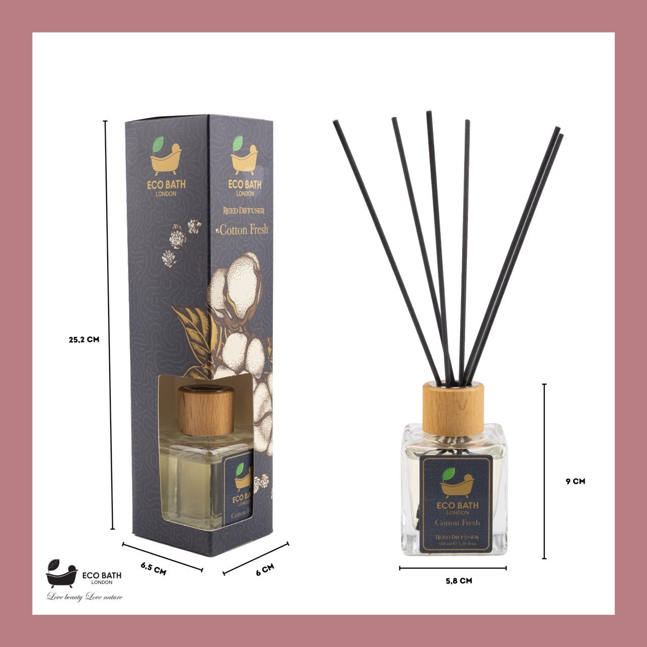 Eco Bath London Cotton Fresh Reed Diffuser - Fresh Laundry - Type Scent & Long Lasting Reed Diffusers - 100ml (3.38 fl.oz) - Eco Bath London