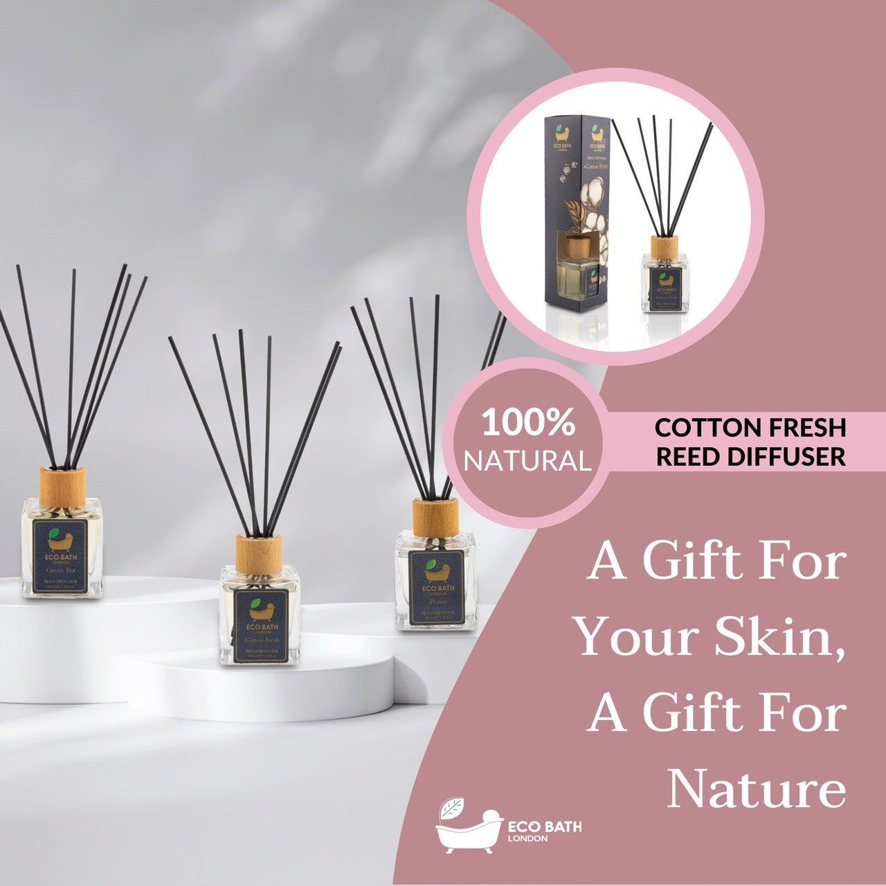 Eco Bath London Cotton Fresh Reed Diffuser - Fresh Laundry - Type Scent & Long Lasting Reed Diffusers - 100ml (3.38 fl.oz) - Eco Bath London