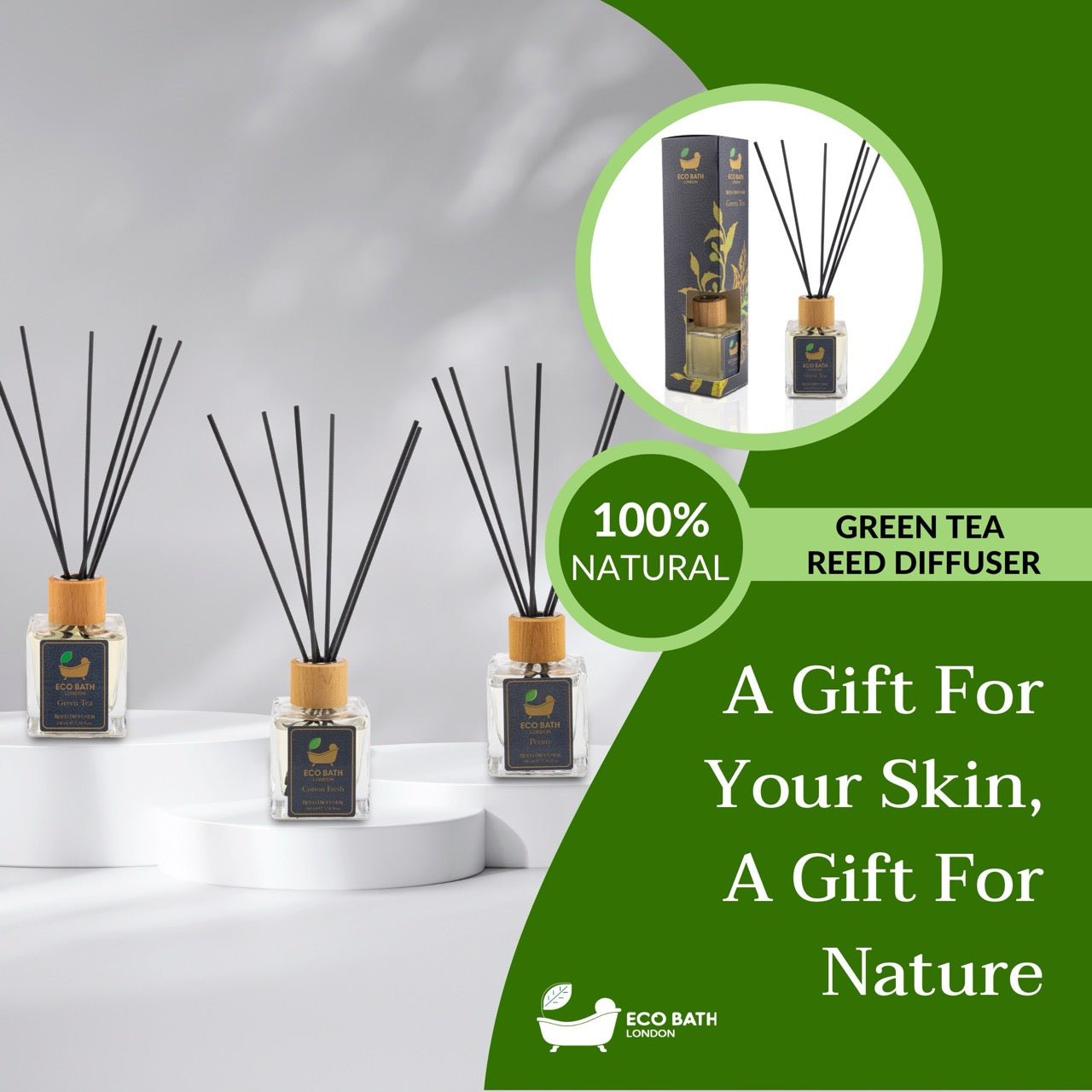 Eco Bath London Green Tea Reed Diffuser - Room Fragrance Diffuser - Refreshing Notes of Bergamot & Calm and Clean Notes of Green Tea Room Diffuser - 100ml (3.38 fl.oz) - Eco Bath London
