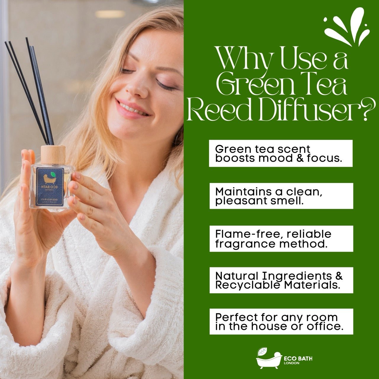 Eco Bath London Green Tea Reed Diffuser - Room Fragrance Diffuser - Refreshing Notes of Bergamot & Calm and Clean Notes of Green Tea Room Diffuser - 100ml (3.38 fl.oz) - Eco Bath London