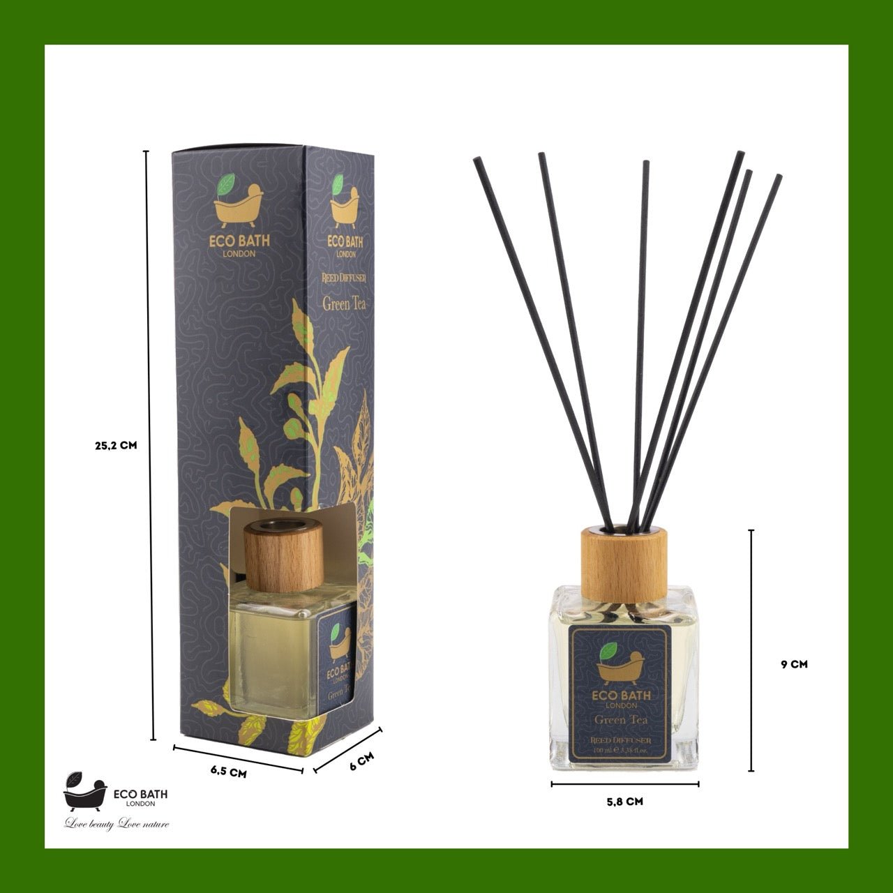 Eco Bath London Green Tea Reed Diffuser - Room Fragrance Diffuser - Refreshing Notes of Bergamot & Calm and Clean Notes of Green Tea Room Diffuser - 100ml (3.38 fl.oz) - Eco Bath London