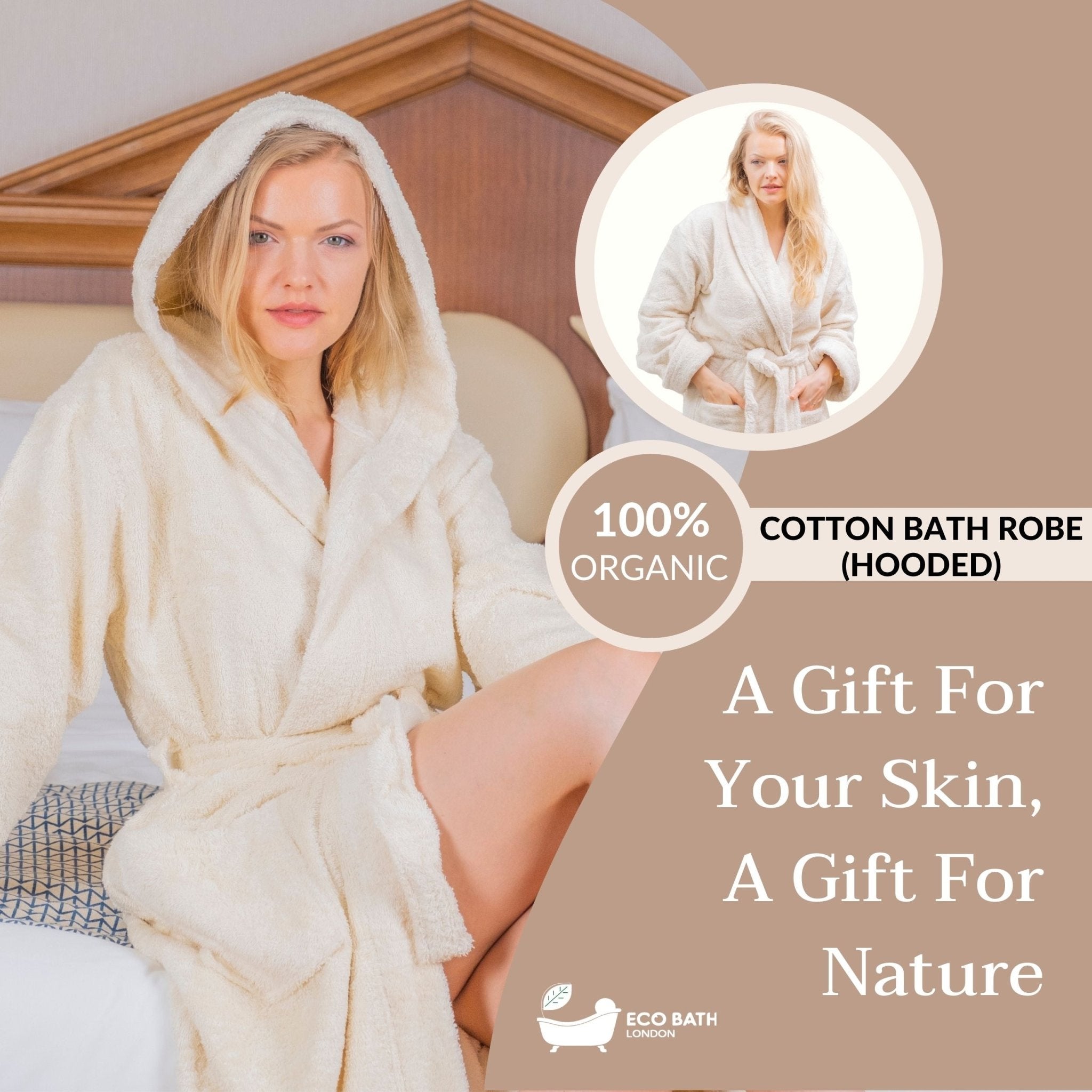 Eco Bath London Hooded Organic Cotton Bath Robe 100% Certified Organic Cotton