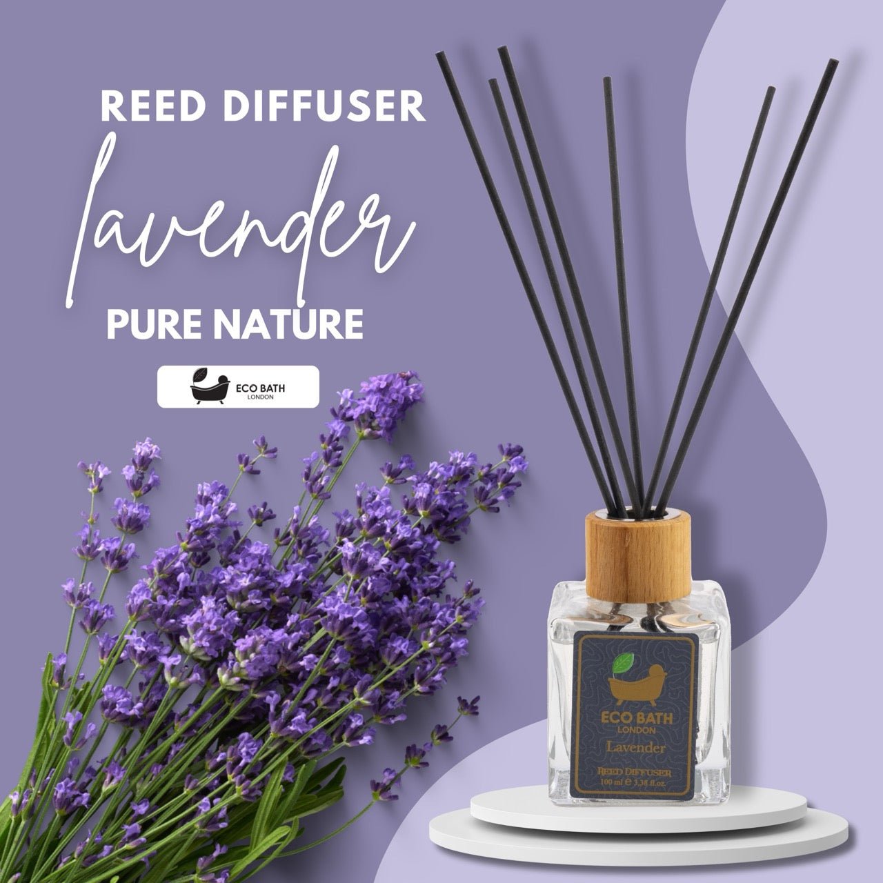 Eco Bath London Lavender Reed Diffuser - Room Fragrance Diffuser with Natural Essential Lavender Oil - Herbal Scent of Lavender - 100ml (3.38 fl.oz) - Eco Bath London