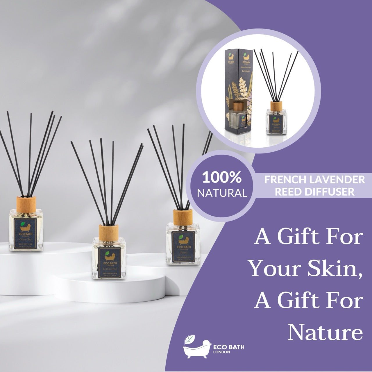 Eco Bath London Lavender Reed Diffuser - Room Fragrance Diffuser with Natural Essential Lavender Oil - Herbal Scent of Lavender - 100ml (3.38 fl.oz) - Eco Bath London