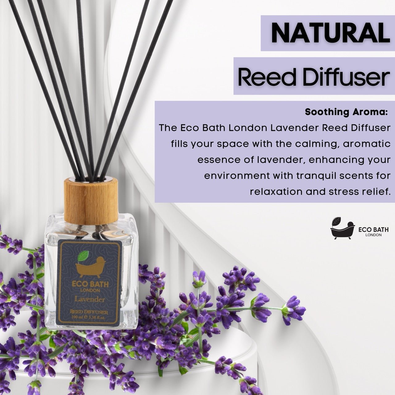 Eco Bath London Lavender Reed Diffuser - Room Fragrance Diffuser with Natural Essential Lavender Oil - Herbal Scent of Lavender - 100ml (3.38 fl.oz) - Eco Bath London