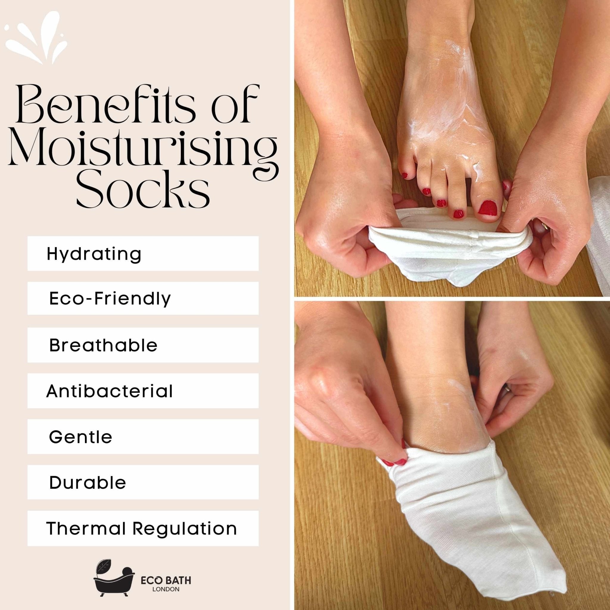 Eco Bath London Moisturising Socks - 1 Pair, Breathable Soft Foot Moisturiser Socks for Overnight Hydration - Eco Bath London