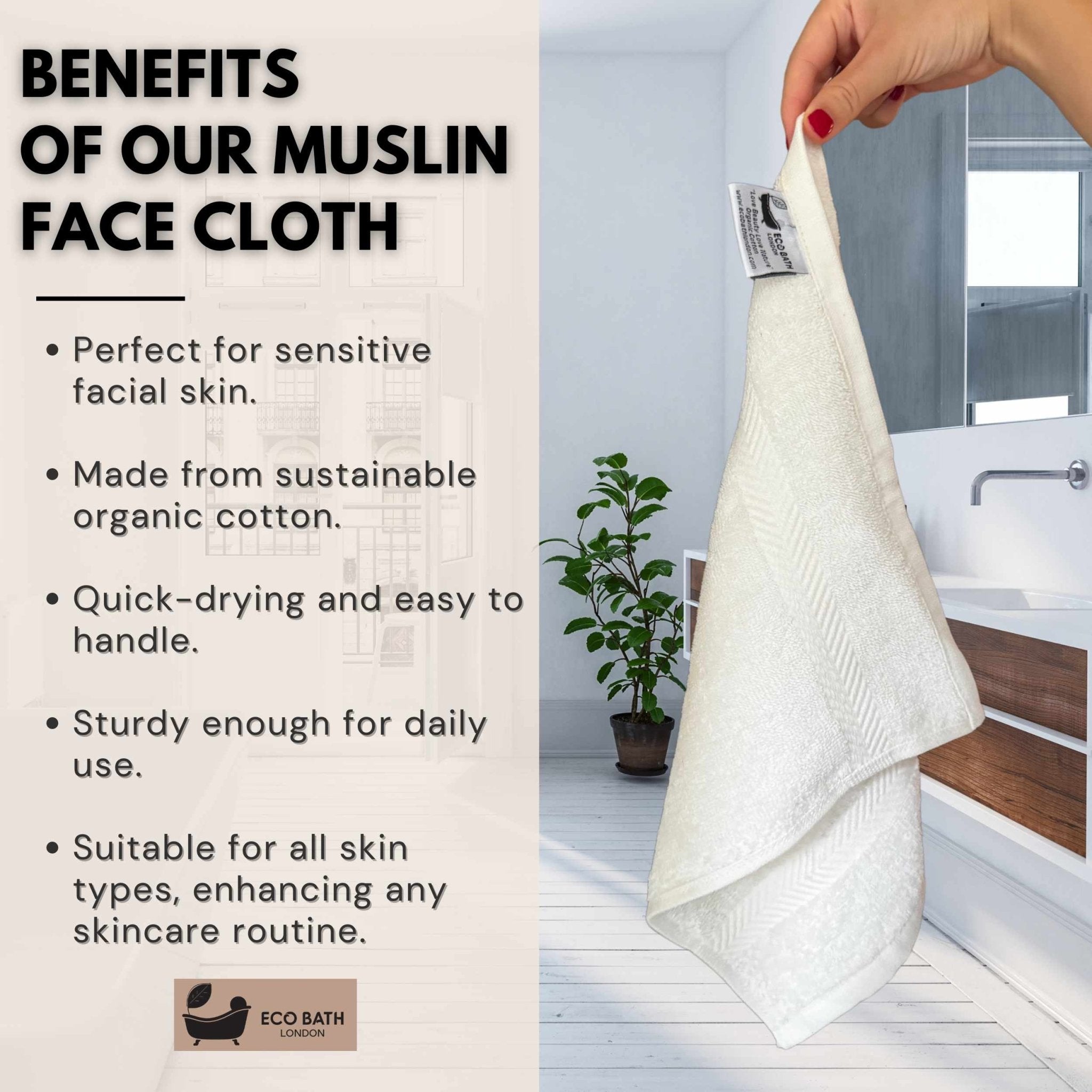 Eco Bath London Organic Cotton Face Flannels 30x30cm - Available in Pack of 3 and Pack of 6 - Eco Bath London