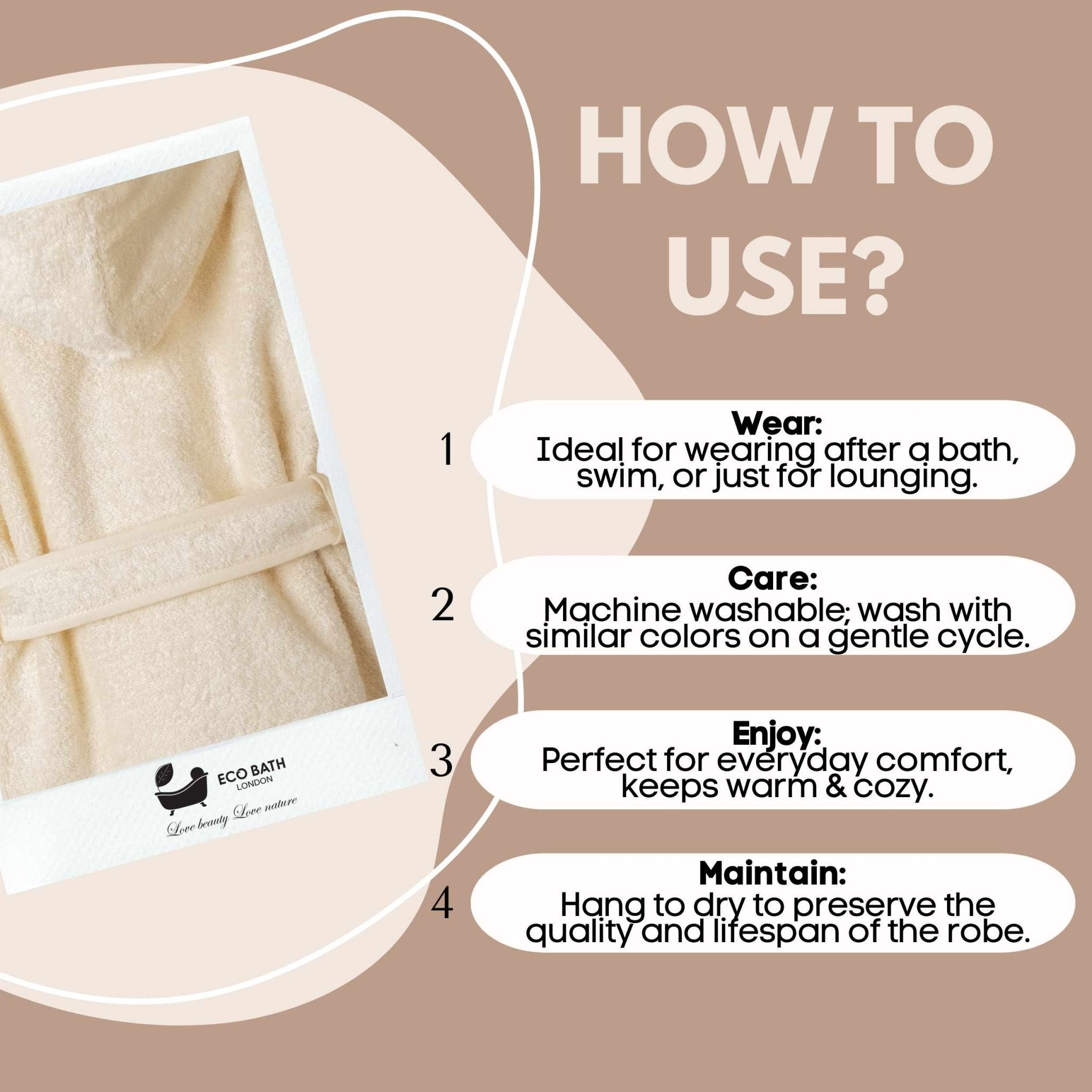 Eco Bath London Organic Cotton Kids Robe (10 - 12 Years) - Hooded, 100% Certified Organic Cotton - Eco Bath London