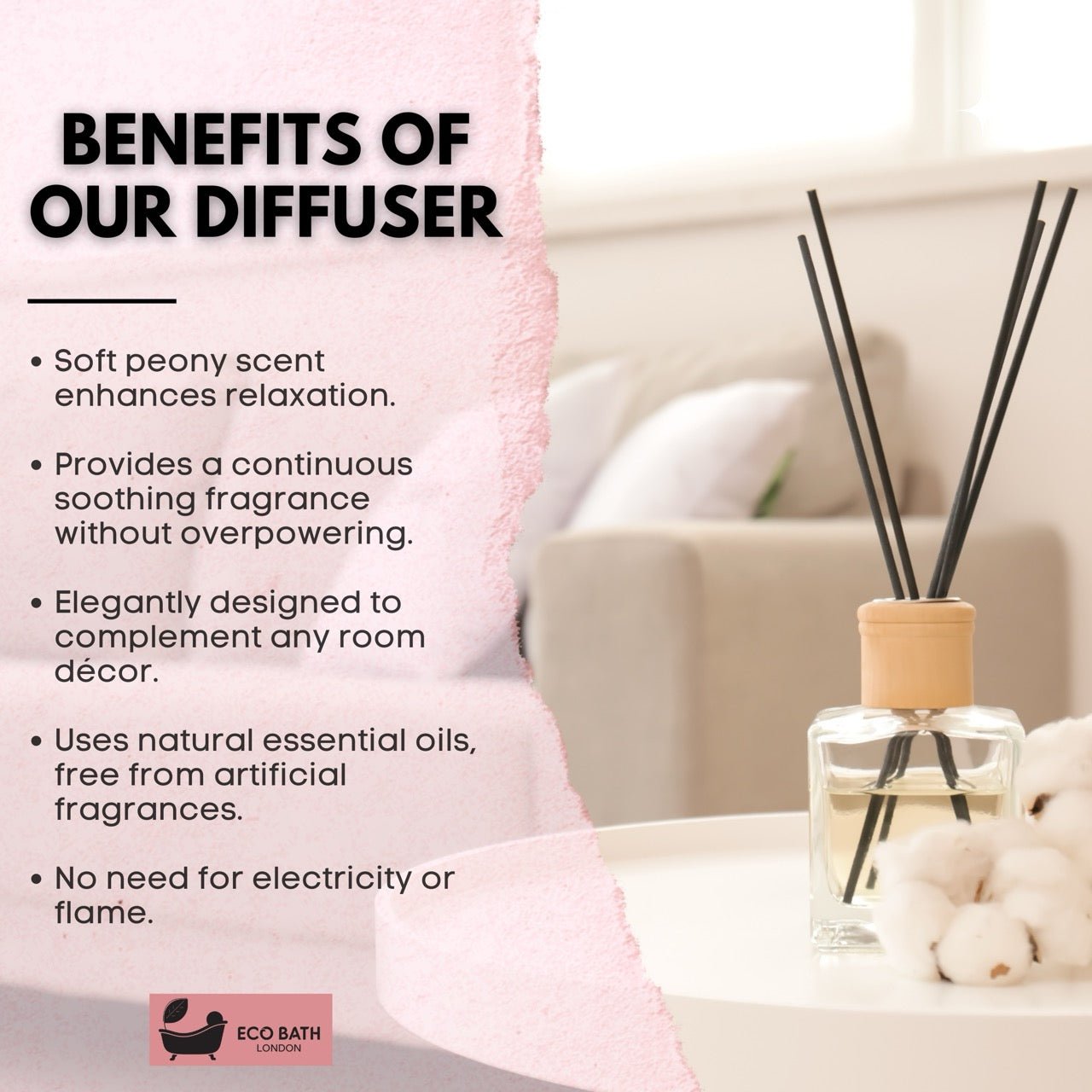 Eco Bath London Peony Reed Diffuser - Beautiful Bouquet of Peonies Fragrance Room Diffuser - Intensive - Fresh & Long Lasting Reed Diffusers for Living Room - 100ml (3.38 fl.oz) - Eco Bath London