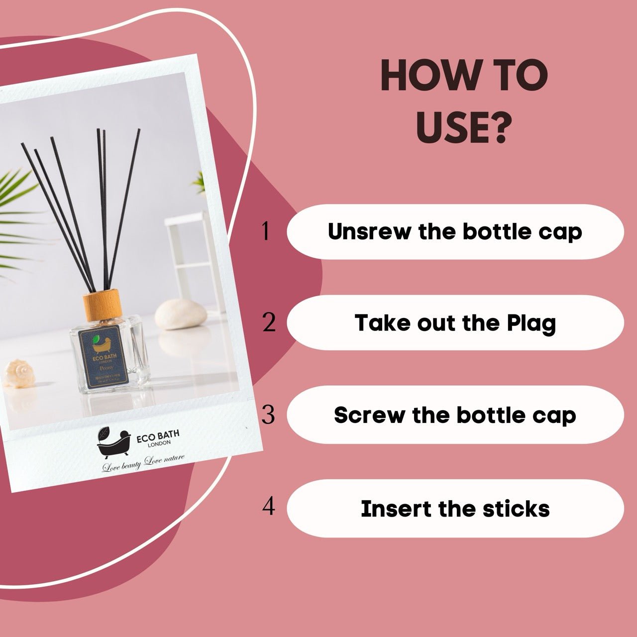 Eco Bath London Peony Reed Diffuser - Beautiful Bouquet of Peonies Fragrance Room Diffuser - Intensive - Fresh & Long Lasting Reed Diffusers for Living Room - 100ml (3.38 fl.oz) - Eco Bath London