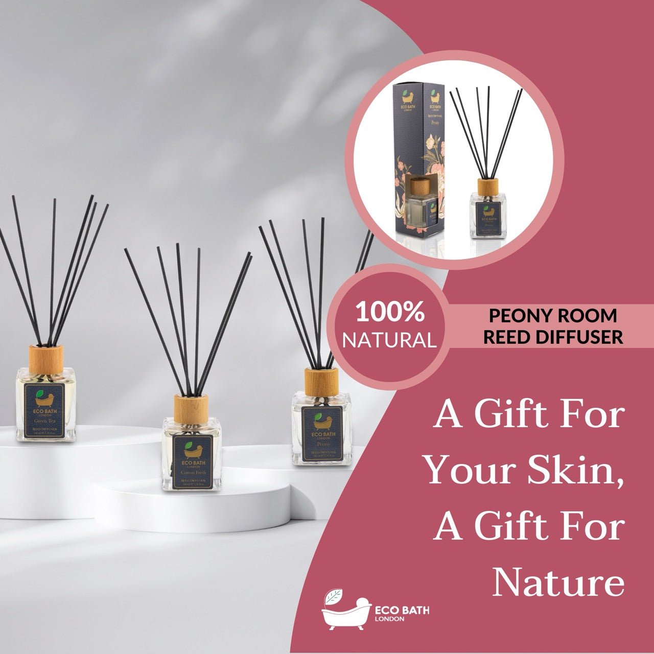 Eco Bath London Peony Reed Diffuser - Beautiful Bouquet of Peonies Fragrance Room Diffuser - Intensive - Fresh & Long Lasting Reed Diffusers for Living Room - 100ml (3.38 fl.oz) - Eco Bath London