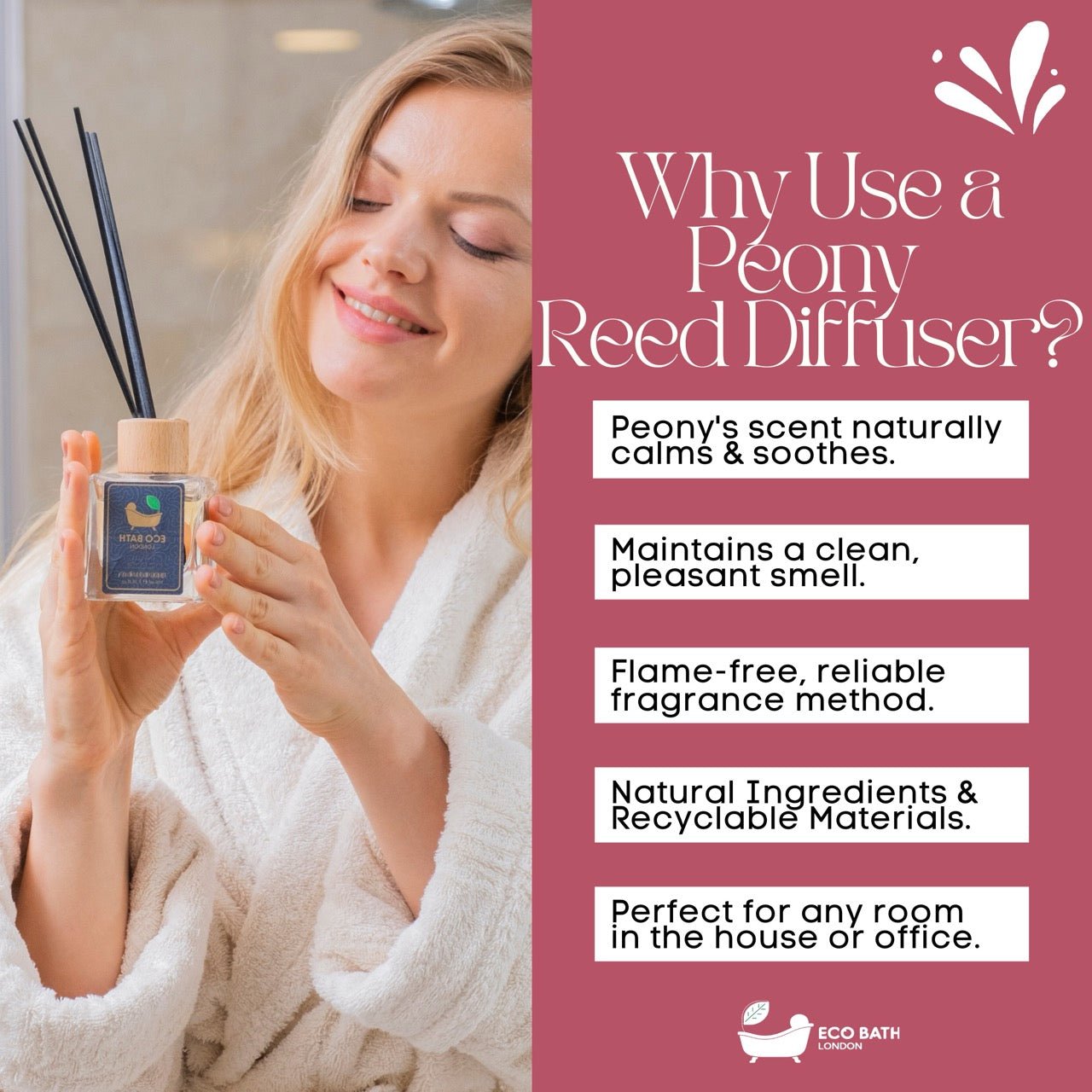 Eco Bath London Peony Reed Diffuser - Beautiful Bouquet of Peonies Fragrance Room Diffuser - Intensive - Fresh & Long Lasting Reed Diffusers for Living Room - 100ml (3.38 fl.oz) - Eco Bath London