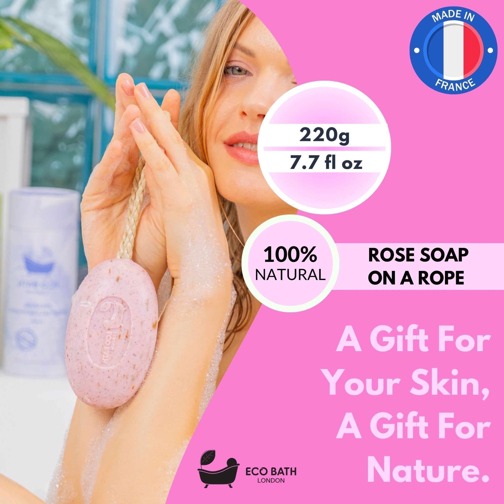 Eco Bath London Rose Soap on a Rope 220g - Luxurious and Eco Friendly Body Wash Bar with Shea Butter - Eco Bath London