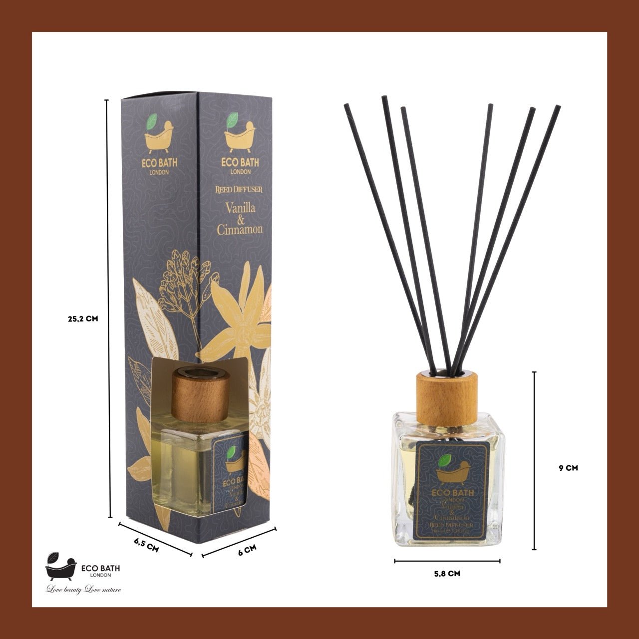 Eco Bath London Vanilla & Cinnamon Reed Diffuser - Herbal Scent of Cinnamon Room Diffuser - 100ml (3.38 fl.oz) - Eco Bath London