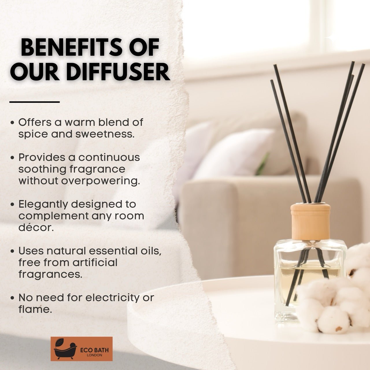 Eco Bath London Vanilla & Cinnamon Reed Diffuser - Herbal Scent of Cinnamon Room Diffuser - 100ml (3.38 fl.oz) - Eco Bath London