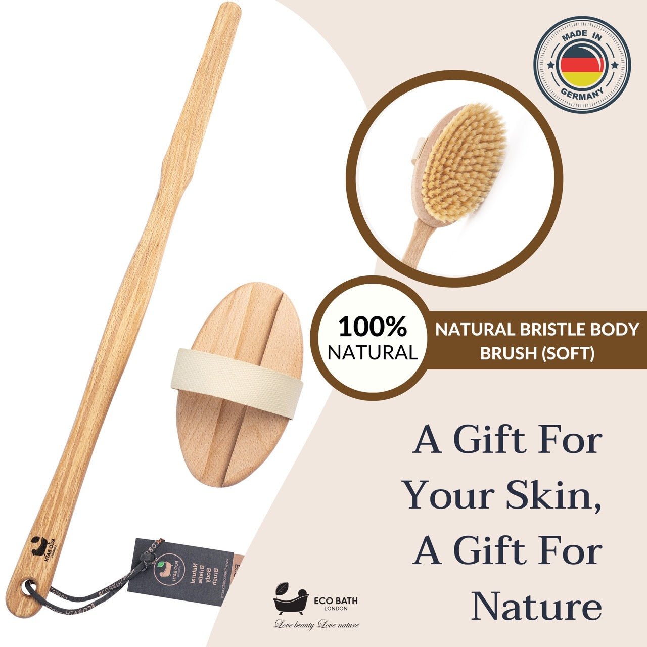 Eco Bath Natural Bristle Body Brush Detachable with Soft Bristles - Eco Bath London