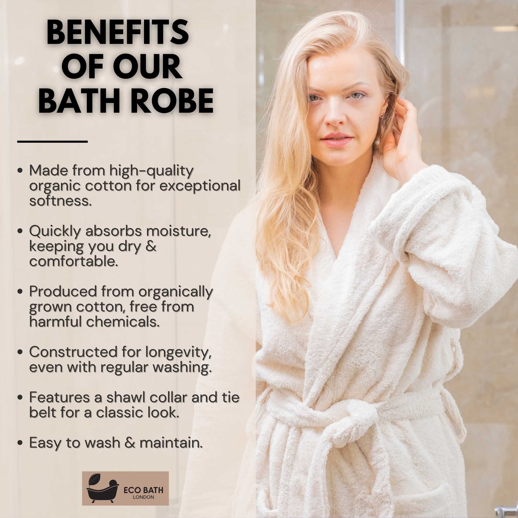 Eco Bath London Organic Cotton Shawl Collar Bath Robe - 100% Certified Organic Cotton
