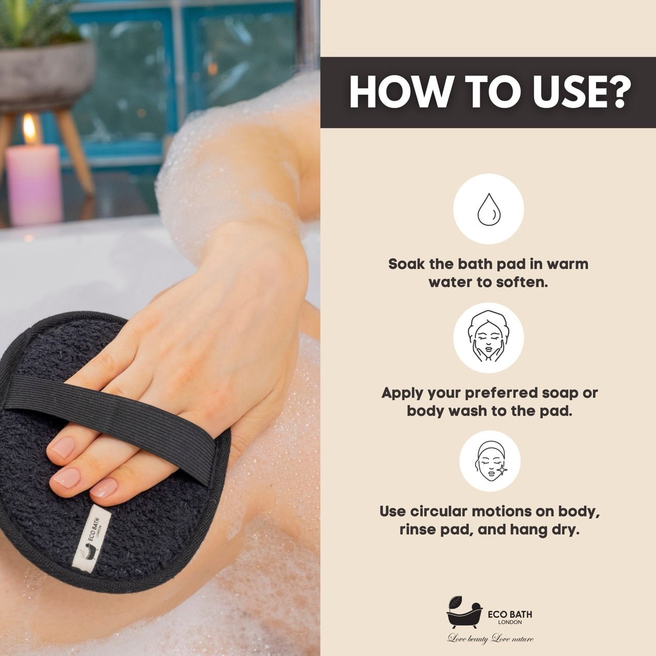 Natural Sisal Hemp Bath Pad Black - Eco Bath London