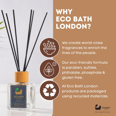 Eco Bath London Peony Reed Diffuser - Beautiful Bouquet of Peonies Fragrance Room Diffuser - Intensive - Fresh & Long Lasting Reed Diffusers for Living Room - 100ml (3.38 fl.oz)